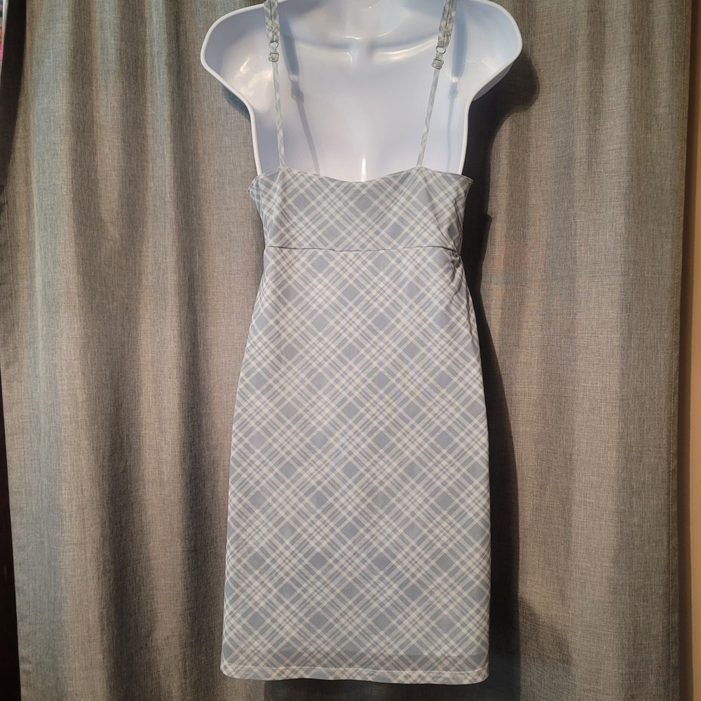 Social Tourist Blue White Plaid Ruched Mini Dress Womens Size S Empire Waist Y2K - Picture 3 of 6